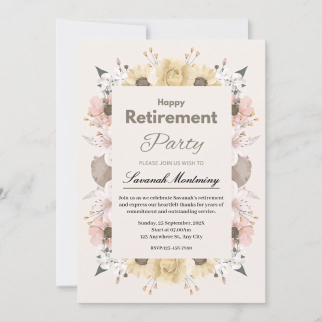 Convite Beige and Pink Floral Photo Retirement Party (Frente)