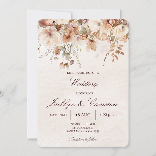 Convite Beige, Autumn Floral Wedding (Frente)
