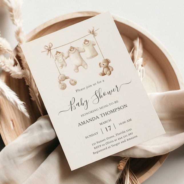 Convite Beige Baby Clothes And Toys Baby Shower (Criador carregado)