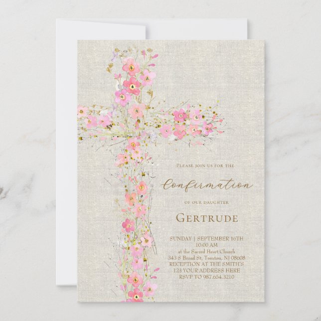 Convite beige background pink flowers cross Confirmation (Frente)