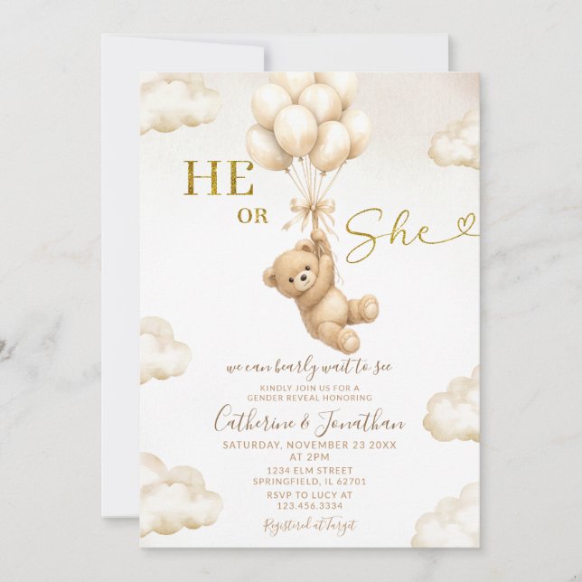 Convite Beige Balloons Clouds He Or She Bear Gender Reveal (Frente)
