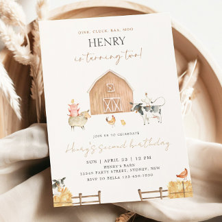 Convite Beige Barn 2nd Birthday Farm Animals Party