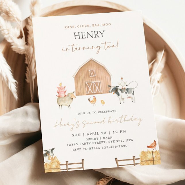 Convite Beige Barn 2nd Birthday Farm Animals Party (Criador carregado)