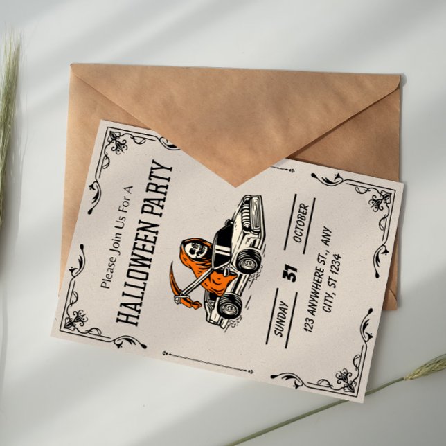 Convite Beige Black Vintage Gothic Skull Halloween Party (Criador carregado)