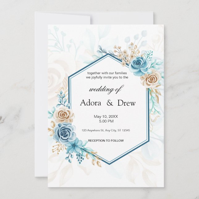 Convite Beige blue Elegant Floral Wedding (Frente)