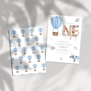 Convite Beige Blue Hot Air Ballon primeiro aniversario Mar