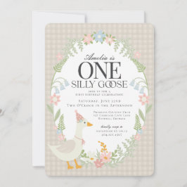 Convite Beige Bobo Goose Floral Gingham Primeiro Aniversár