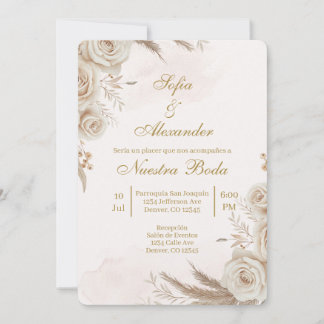 Convite Beige Boho floral Spanish Wedding Invitation