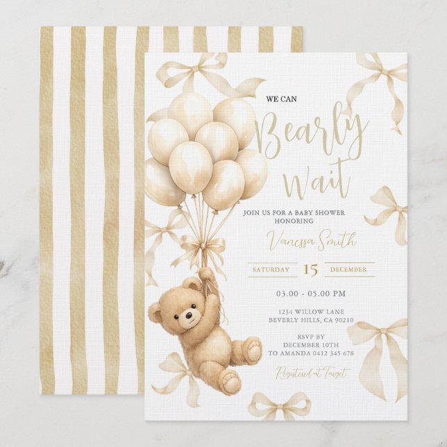 Convite Beige Boho We Can Bearly Wait Baby Shower (Frente/Verso)