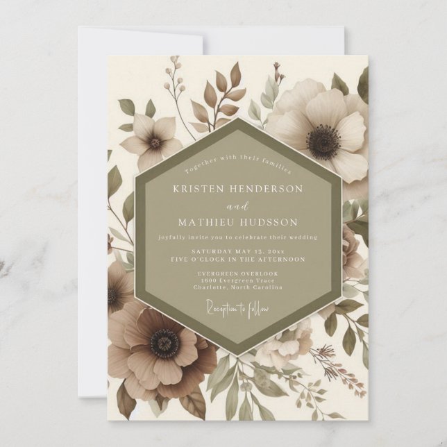 Convite Beige Botanical Romance Wedding (Frente)