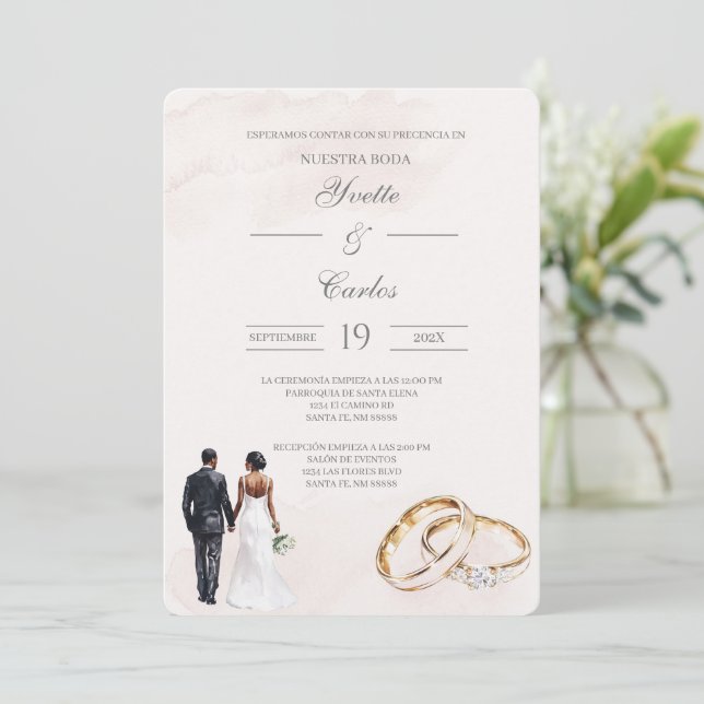 Convite Beige bride and groom with ring Spanish Wedding (Em pé/Frente)