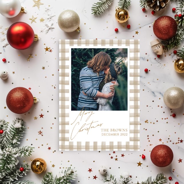 Convite Beige Buffalo Plaid with Photo Christmas Card (Criador carregado)