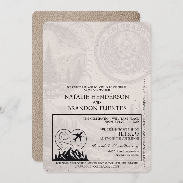 Convite Beige Colorado Passport Wedding (Frente/Verso)