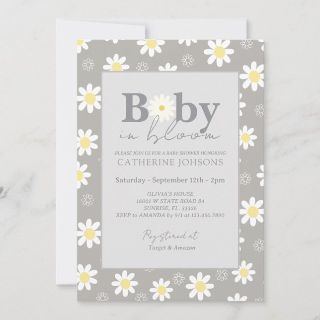 Convite Beige Daisy Baby in Bloom Chá (Frente)