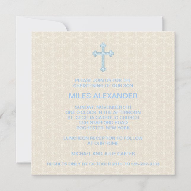 Convite Beige Damask Cross Blue Boy Christening (Frente)