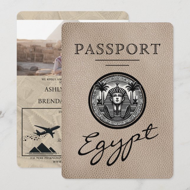 Convite Beige Egypt Passport Wedding Invitation (Frente/Verso)