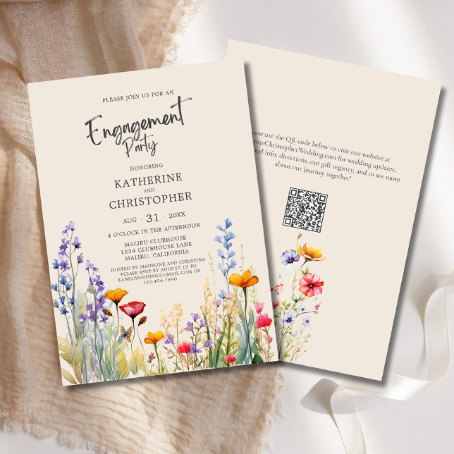 Convite Beige Elegante de Festa de noivado de flor selvage (Wedding Engagement Party Invitation with colorful jewel tone wildflowers in purple, red, orange.)
