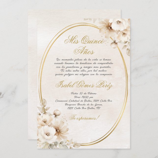 Convite Beige Flor branca Quinceanera espanhola (Frente/Verso)