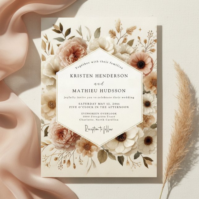 Convite Beige Floral Bloom Wedding (Criador carregado)