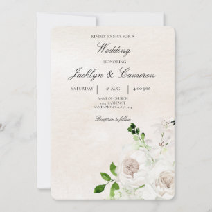 Convite Beige Floral de Casamento Branco e Verde