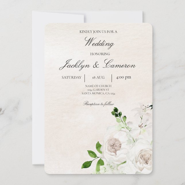 Convite Beige Floral de Casamento Branco e Verde (Frente)