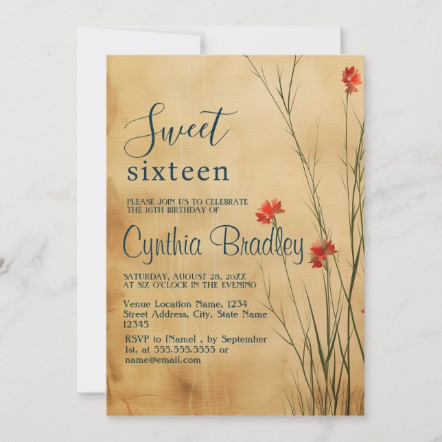 Convite Beige Floral Doce Dezesseis Festas de aniversário (Frente)