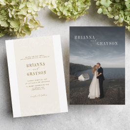 Convite Beige Floral Elegant Minimalist Photo Back Wedding