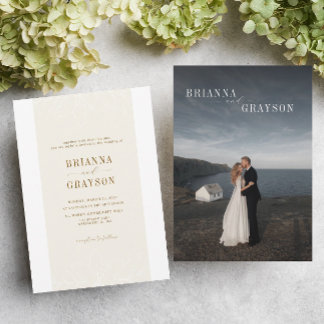 Convite Beige Floral Elegant Minimalist Photo Back Wedding