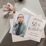 Convite Beige Floral Foto 50th Birthday<br><div class="desc">Personalize facilmente a foto e os detalhes sobre esses 50º Convites de festas de aniversários minimalistas bonito.</div>