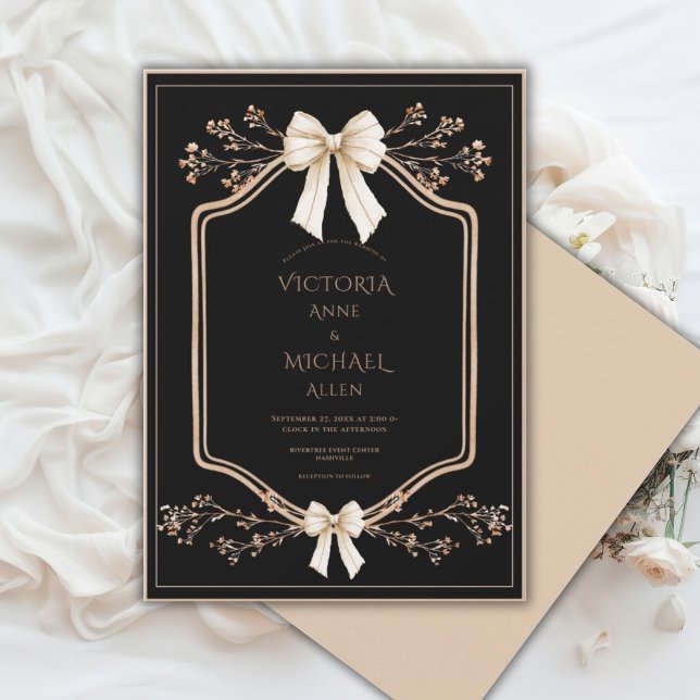 Convite Beige Frame Floral Elegant Black Wedding  (Criador carregado)