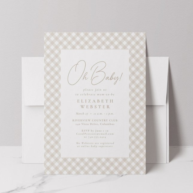 Convite Beige gingham cute neutral Oh Baby baby shower (Criador carregado)