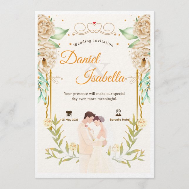 Convite Beige Green Floral Watercolor Wedding Invitation (Frente)