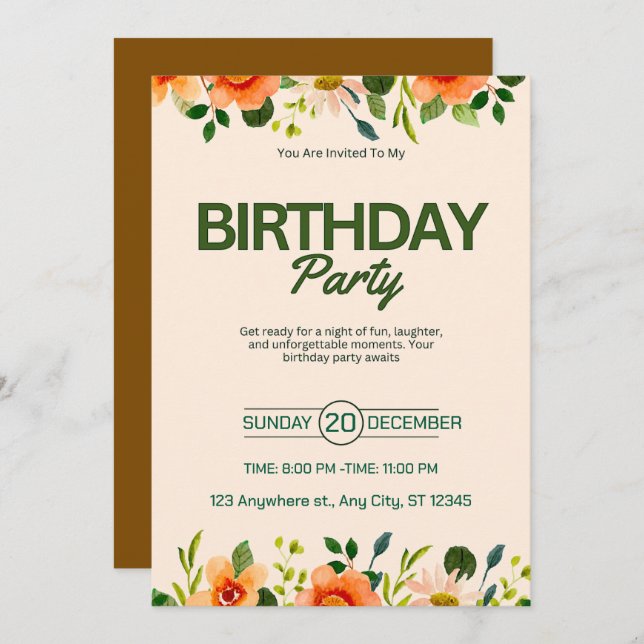 Convite Beige Green Simple Floral Birthday (Frente/Verso)