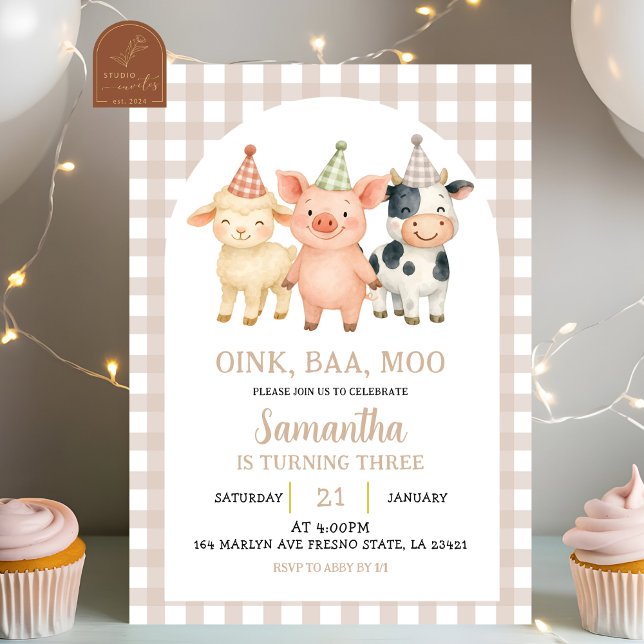 Convite Beige Ivory Farm Party Gingham Birthday (Criador carregado)