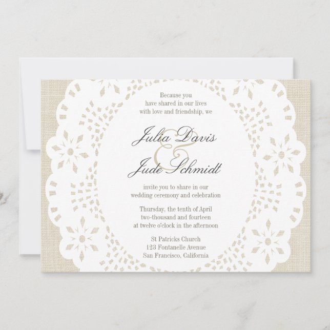 Convite Beige Linen & Lace Doilie :Convite (Frente)