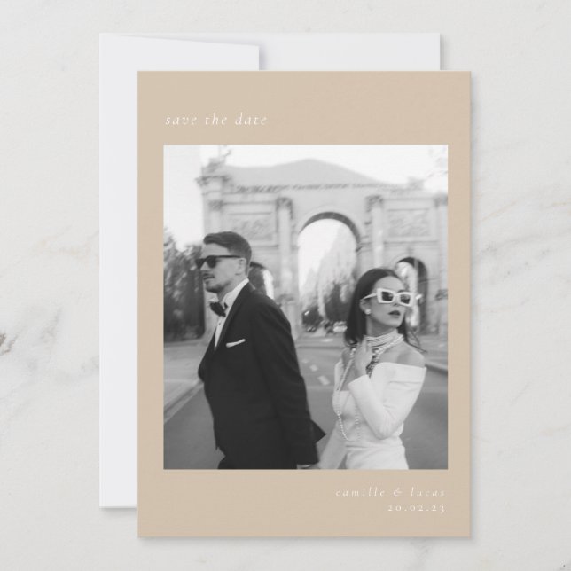 Convite Beige Minimalist Elegant Photo Save the date (Imag (Frente)
