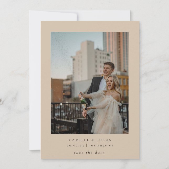 Convite Beige Minimalist Elegant Photo Save the date (Imag (Frente)