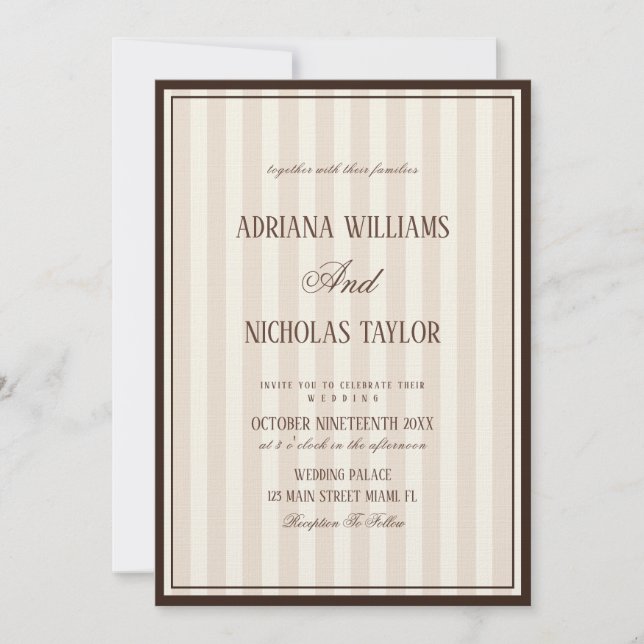 Convite Beige Mocca Stripes Wedding (Frente)