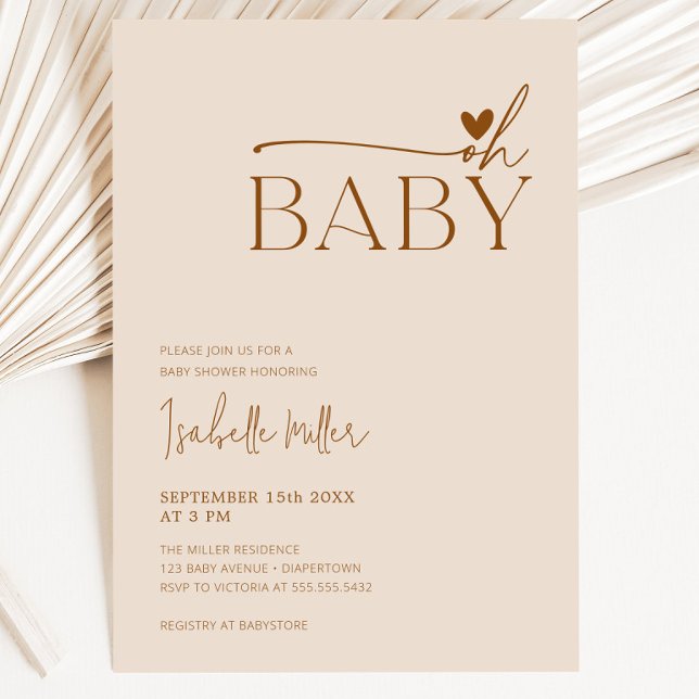 Convite Beige Moderno Beige Gênero Chá de fraldas Neutro (Oh Baby Modern Beige Gender Neutral Baby Shower Invitation)