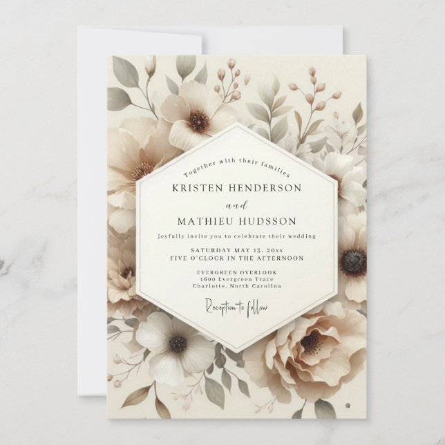 Convite Beige Muted Anemone Wedding (Frente)