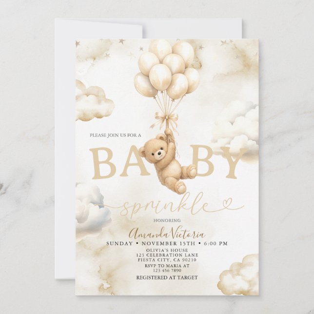 Convite Beige Neutral Bear Cloud Balloon Baby Shower (Frente)