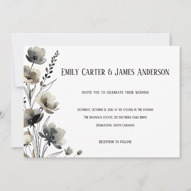 Convite Beige Neutral Floral Wedding (Frente)
