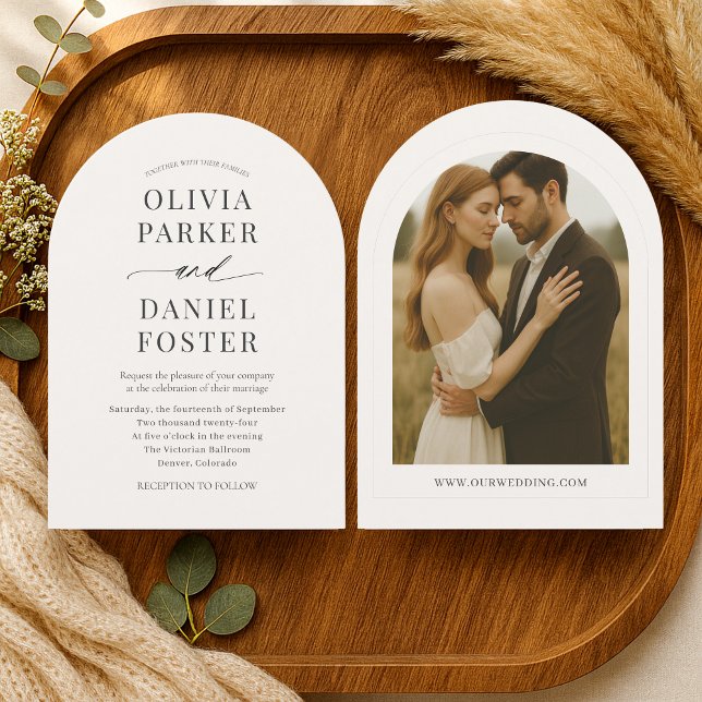 Convite Beige Neutral Minimalist Photo Wedding  (Criador carregado)