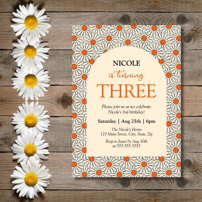 Convite Beige Orange Daisies Floral Arch aniversário de 3  (Criador carregado)