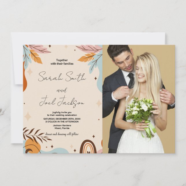 Convite Beige Orange Wedding Inviting com foto (Frente)