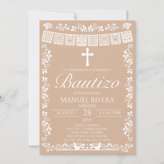 Convite Beige Papel Picado Espanhol Bautizo (Frente)