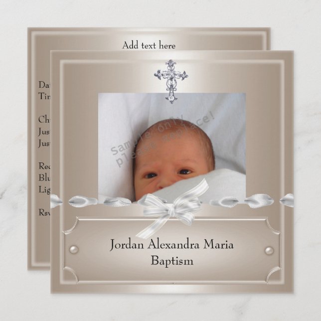Convite Beige Photo Frame Jewel Cross Baptism (Frente/Verso)