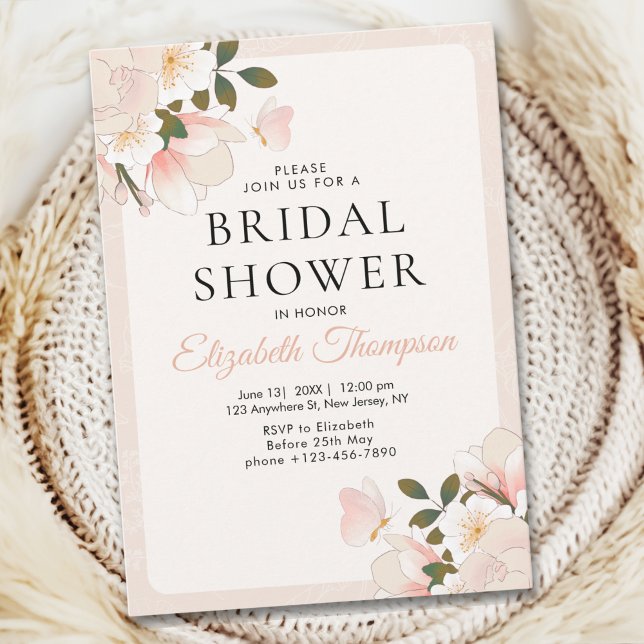 Convite Beige Pink Floral Pattern Bridal Shower (Criador carregado)