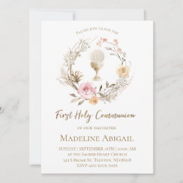 Convite beige pink flowers wreath First Communion