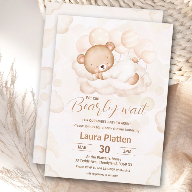 Convite Beige, podemos esperar o Chá de fraldas neutro do  (Beige We Can Bearly Wait Neutral Bear Baby Shower Invitation)